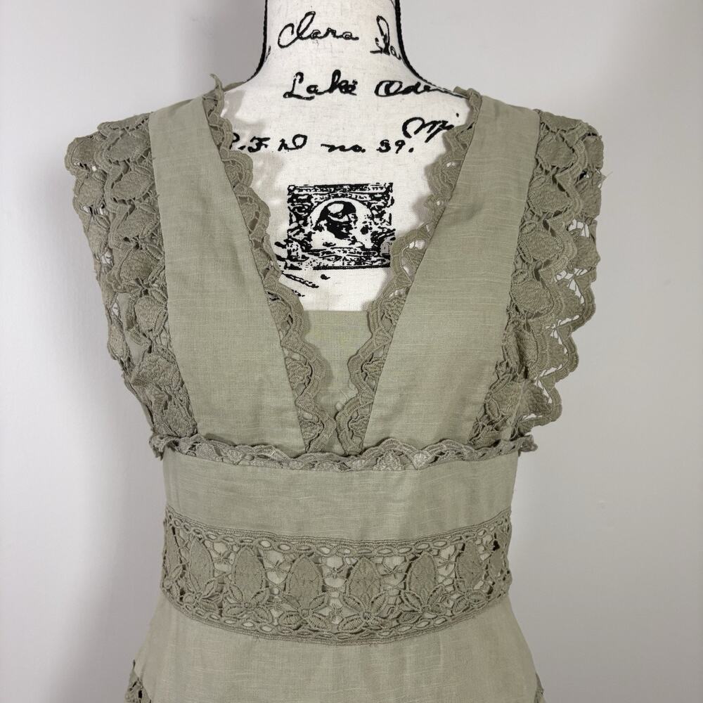 Endless Rose Plunging V-Neck Lace Trim Tiered Mini Dress Sage Green S Boho Fairy - Picture 3 of 13